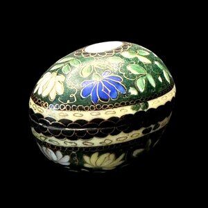 Antique Cloisonné Floral Oval Egg Trinket Box Keepsake, green blue decor